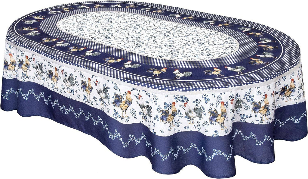 Blue and white oval tablecloth with central light panel, farm animals, scalloped edge