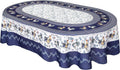 Blue and white oval tablecloth with central light panel, farm animals, scalloped edge