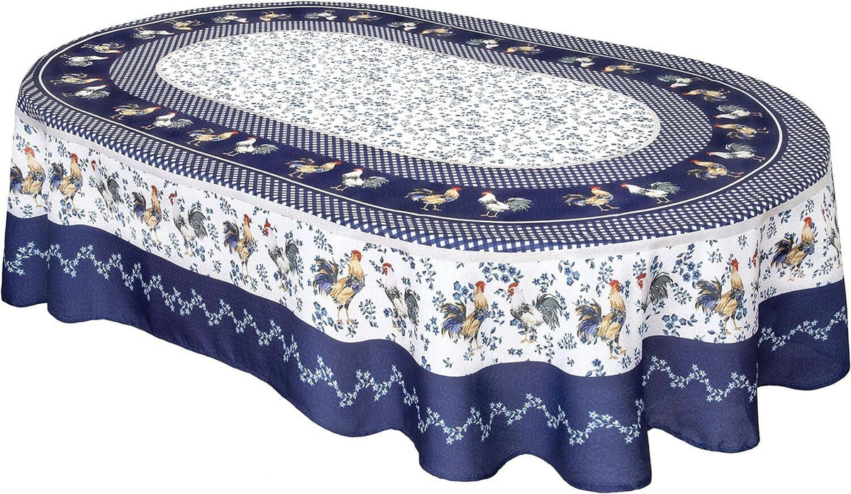 Blue and white oval tablecloth with central light panel, farm animals, scalloped edge
