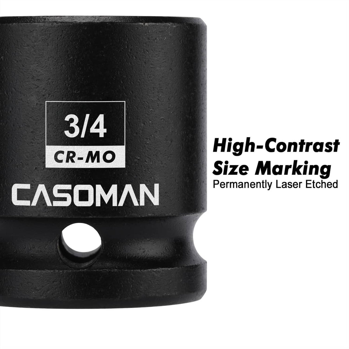 Black impact socket with CR-MO 3/4 size marking and CASOMAN laser-etched label