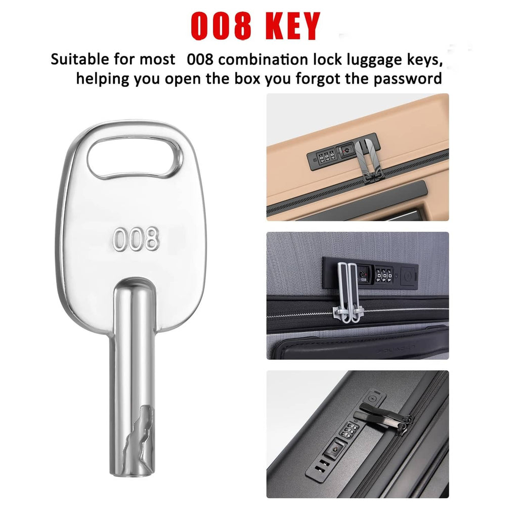 Silver luggage key marked 008 with round bow and metal stem
