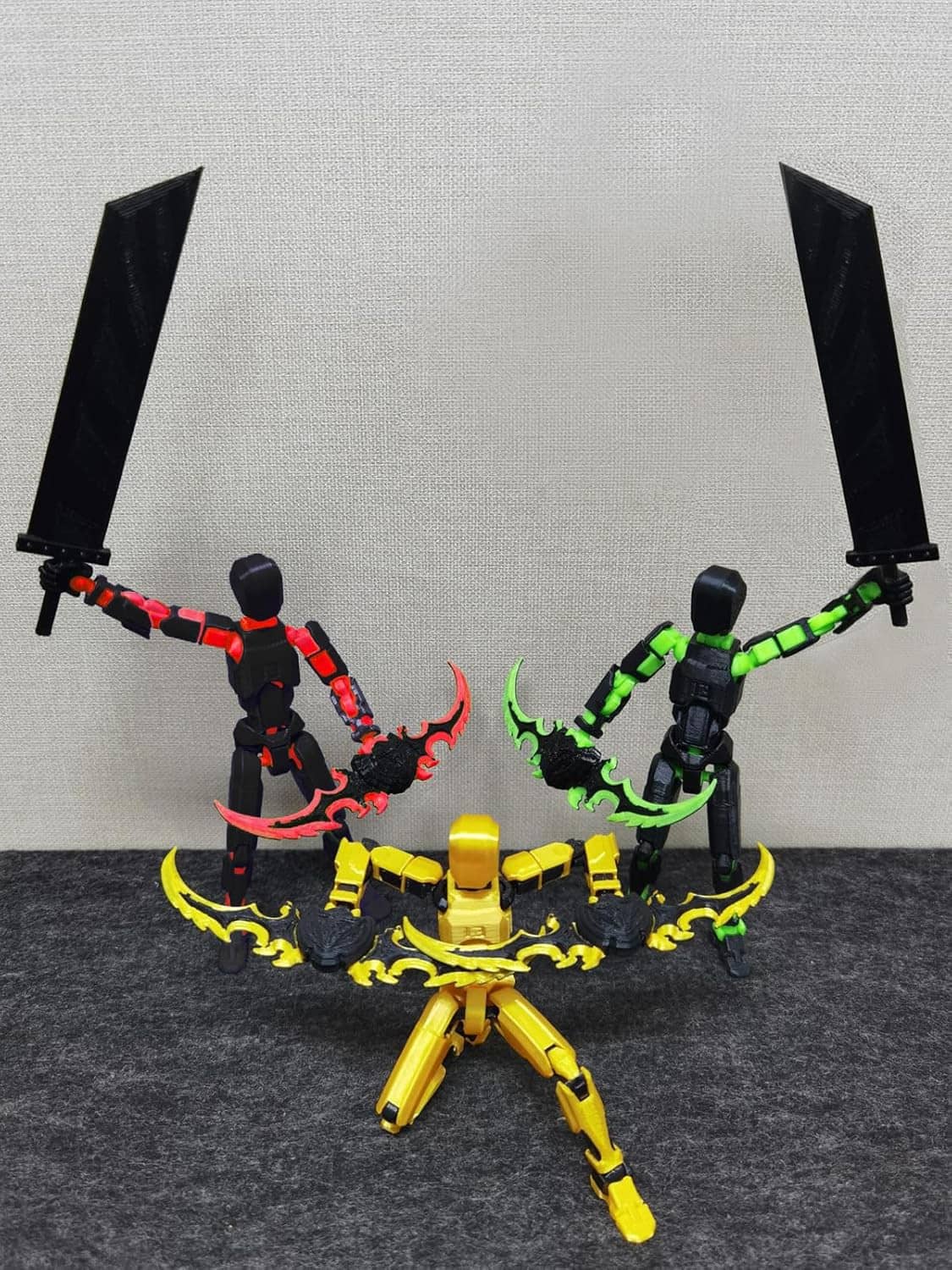 T13 action figure set with black swords and green/yellow figures surrounded by weapon parts