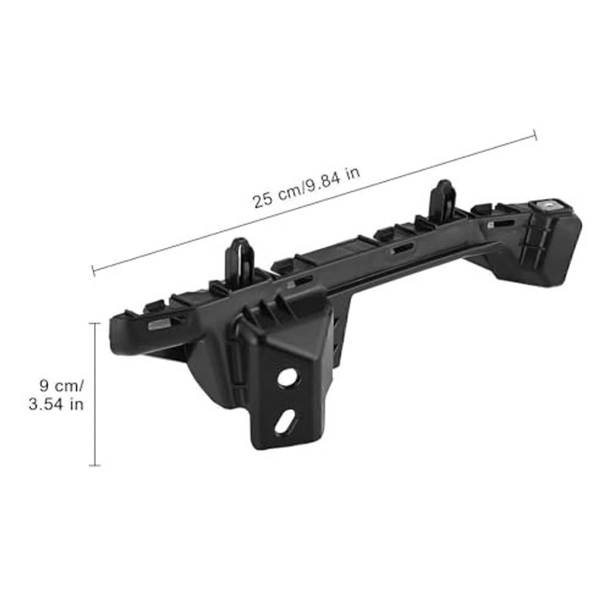 Black plastic bumper support bracket with mounting holes and overall size markings