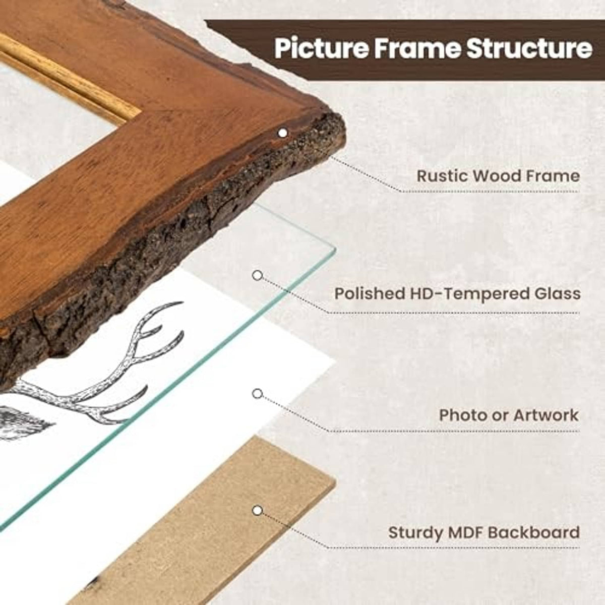 Rustic live-edge wooden frame corner showing tempered glass and backing board
