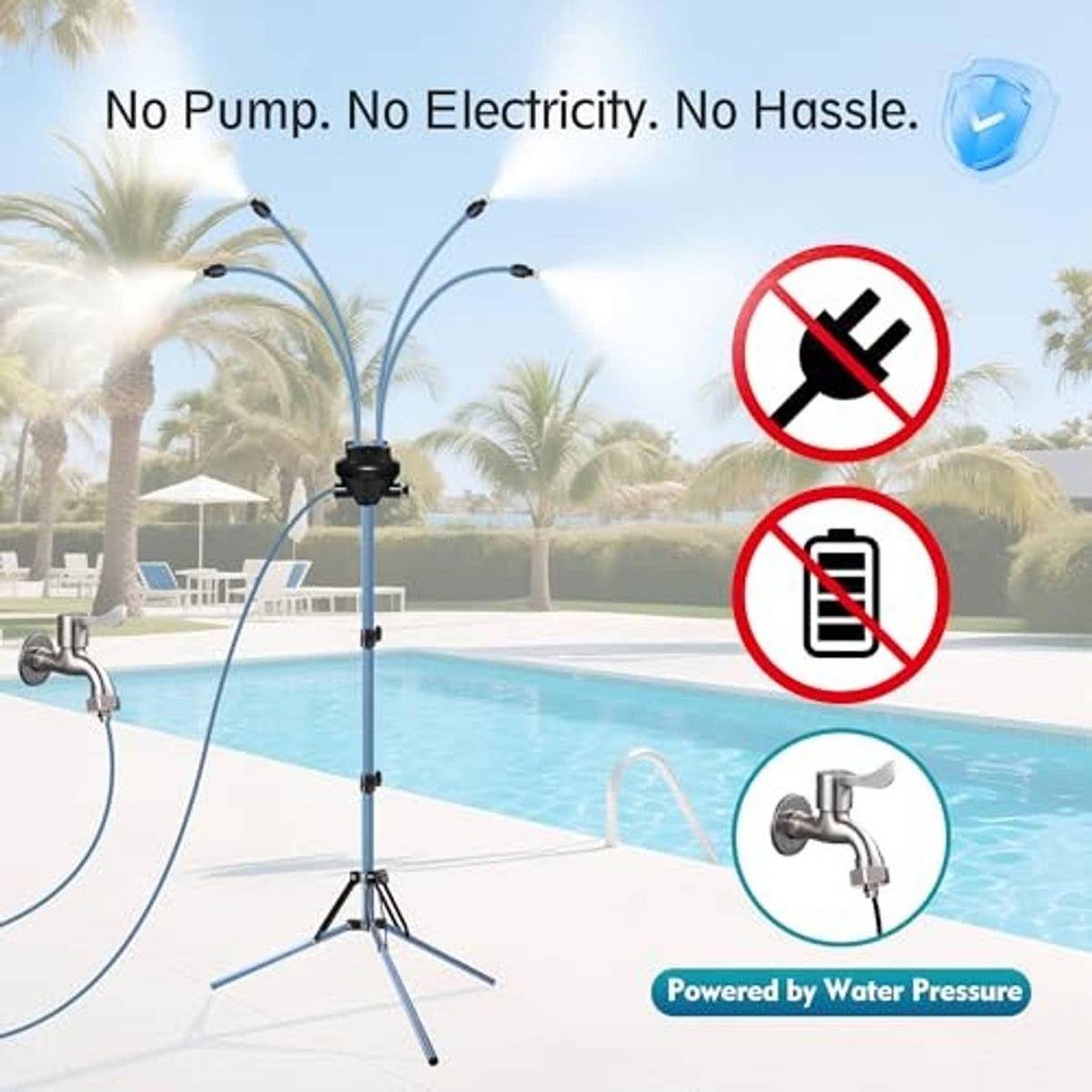Water-pressure powered standing misting tripod with connected hose and multiple spray nozzles