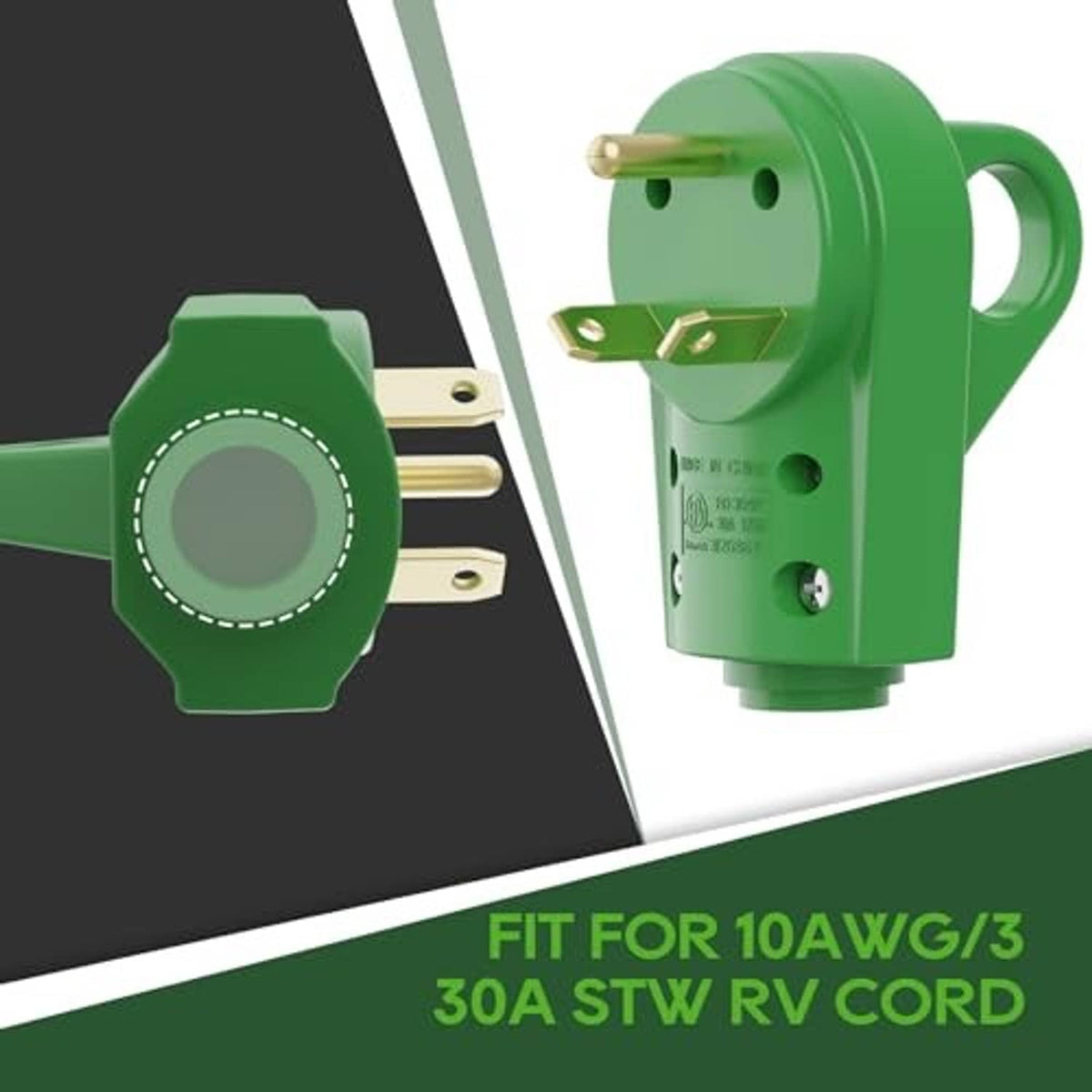 Green NEMA TT-30P RV plug with flat prongs and cord entry housing