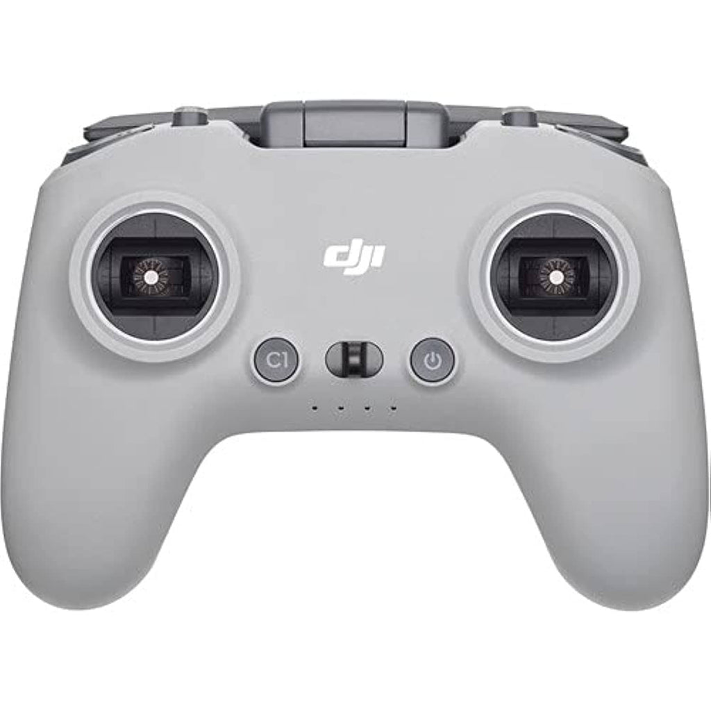 Grey FPV remote controller with two circular thumb joysticks and power button