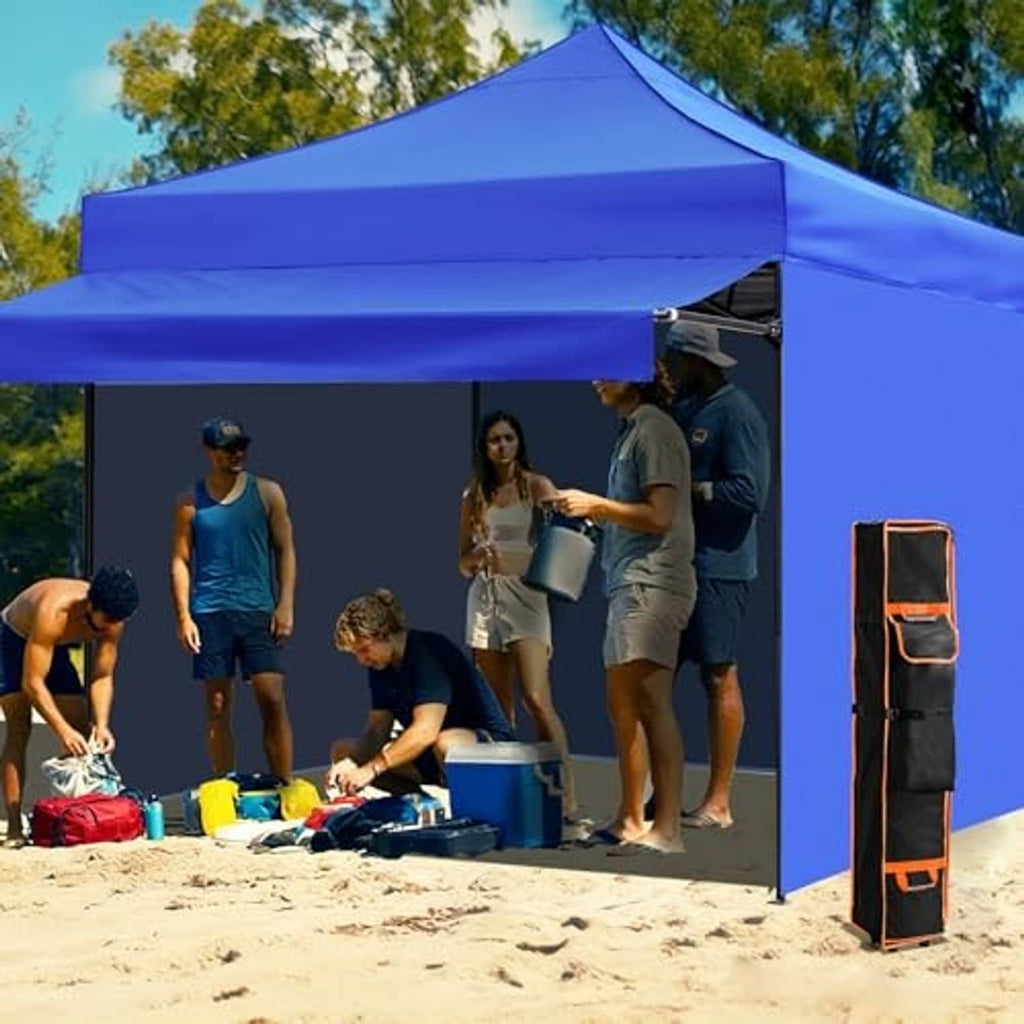 Black and orange canopy carrying bag with wheels and handle, upright