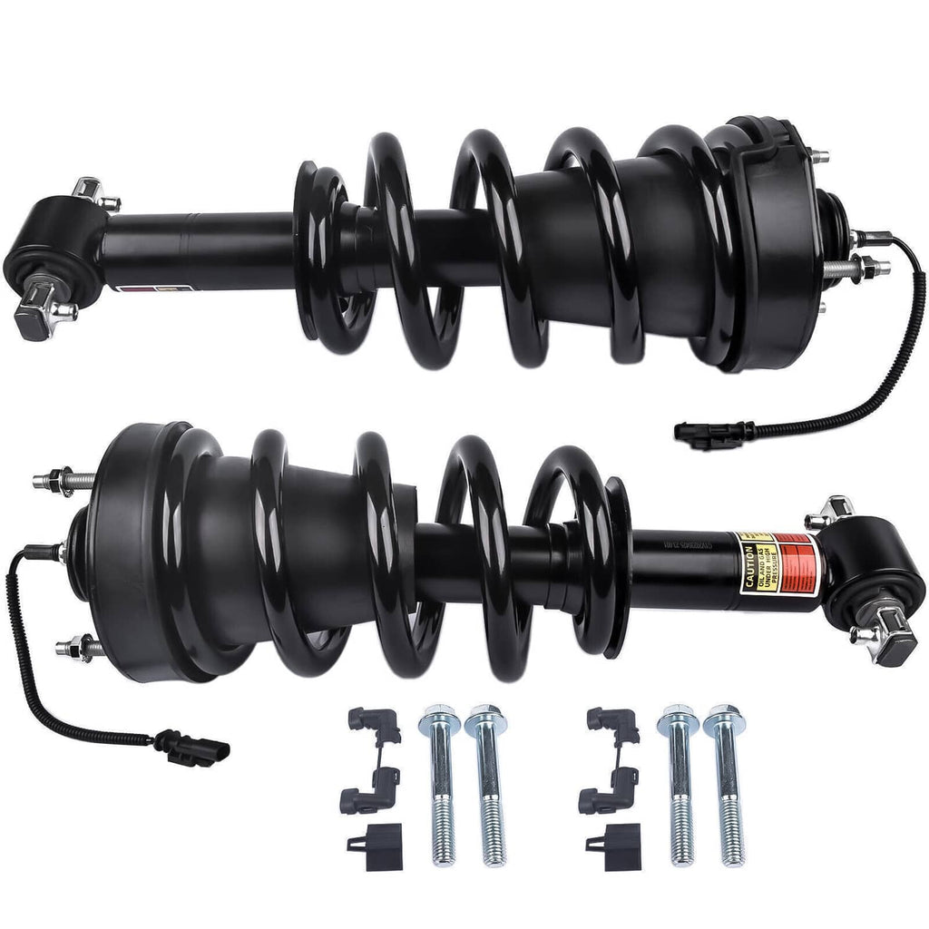 Pair of front shock struts with black coil springs, tubes, and wiring harness