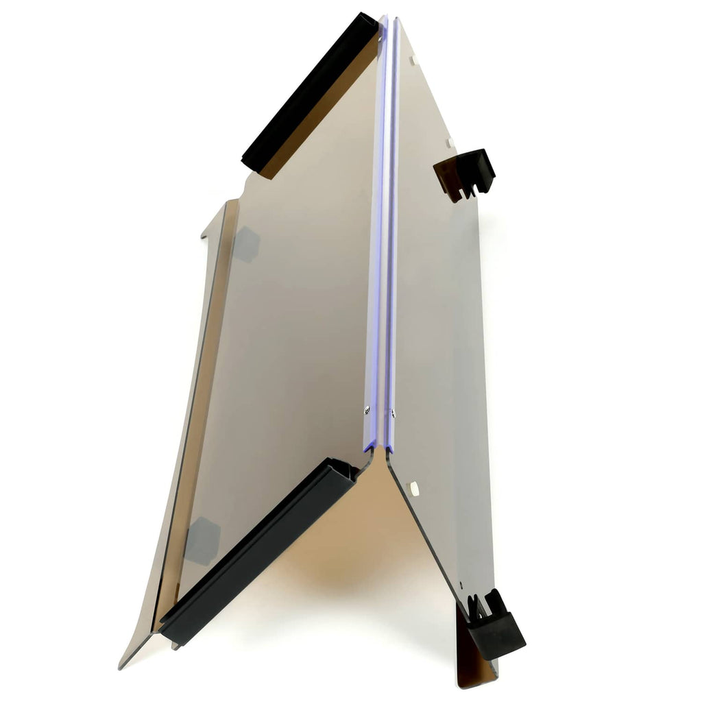 Tilted tinted folding windshield with silver center support and black corner feet