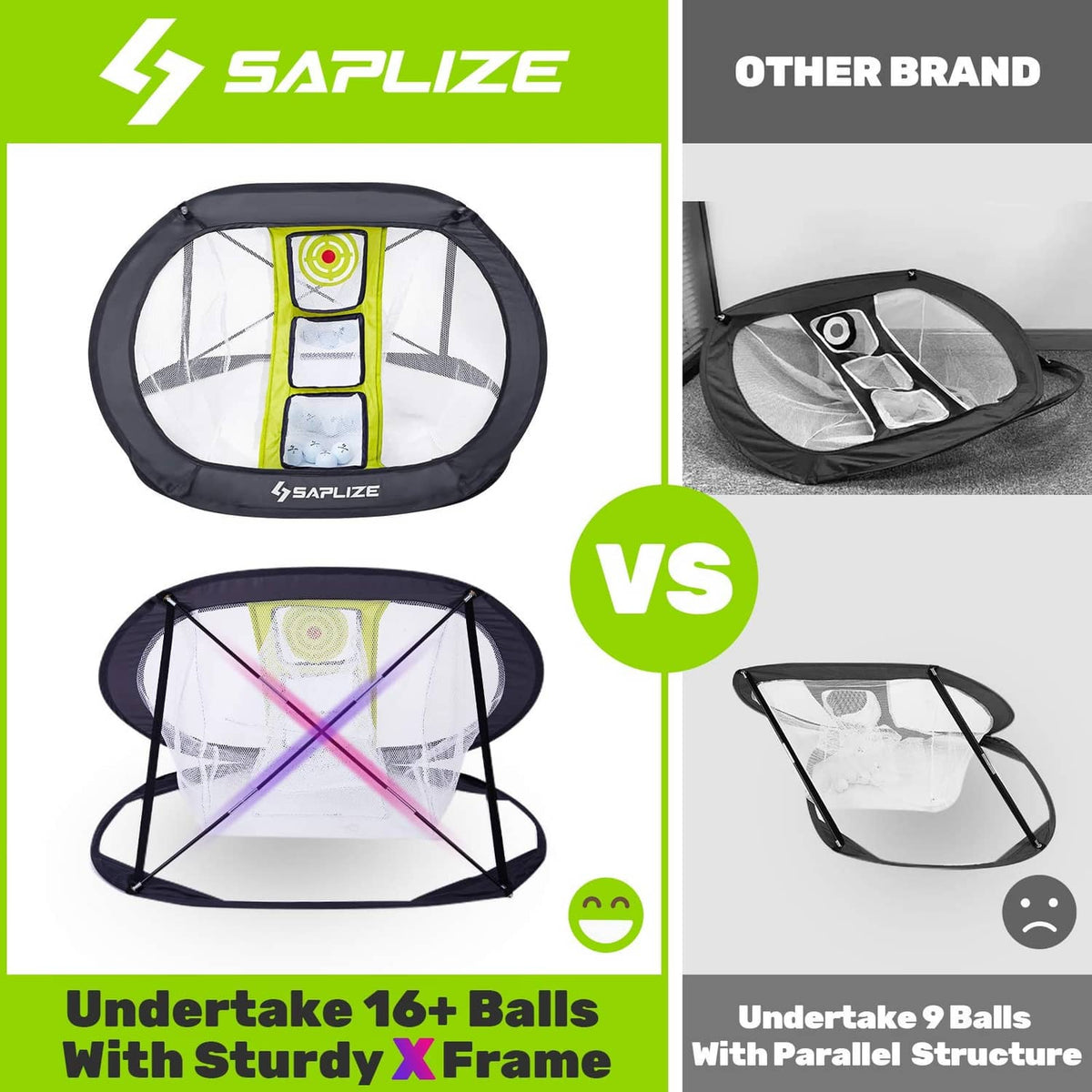 Two SAPLIZE golf chipping nets shown side-by-side for comparison