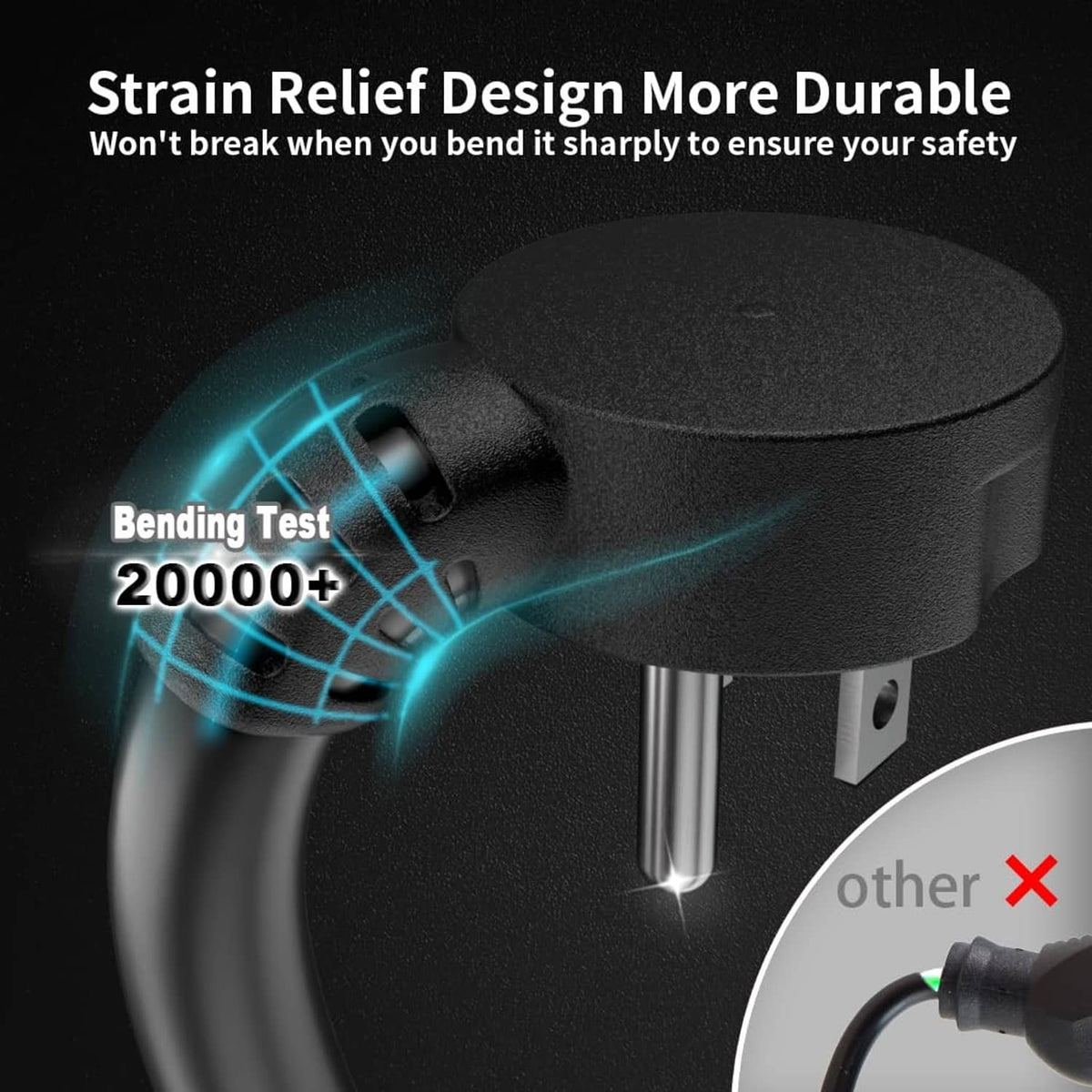 Black extension cord plug with reinforced strain relief and short lead