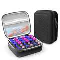 Black insulin vial protector case opened with foam slots and colorful capped vials inside