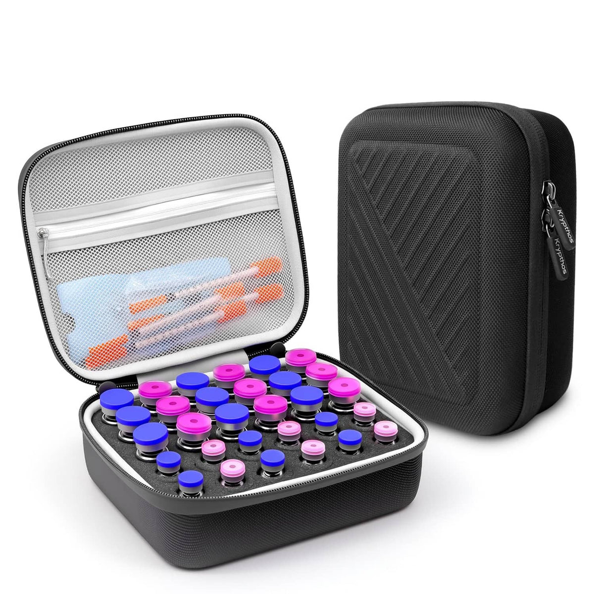 Black insulin vial protector case opened with foam slots and colorful capped vials inside