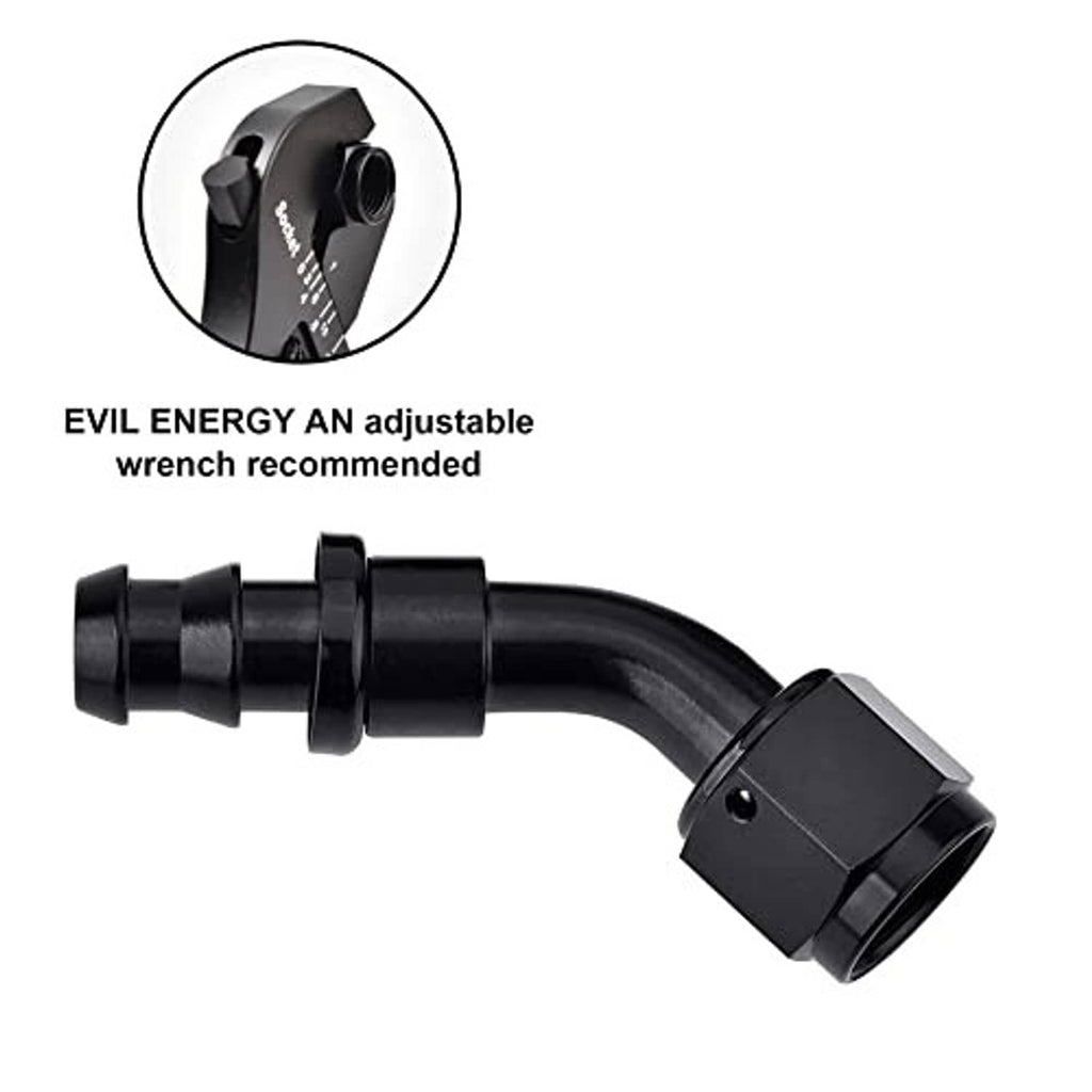 Black 45-degree push-lock hose fitting end with barbed outlet and square cap