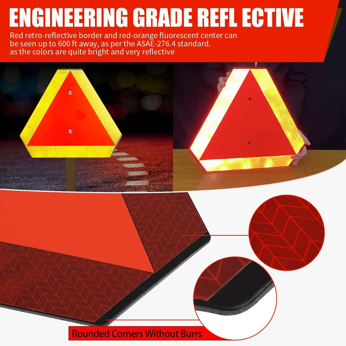 Reflective triangle safety sign with bright center and red chevron border pattern