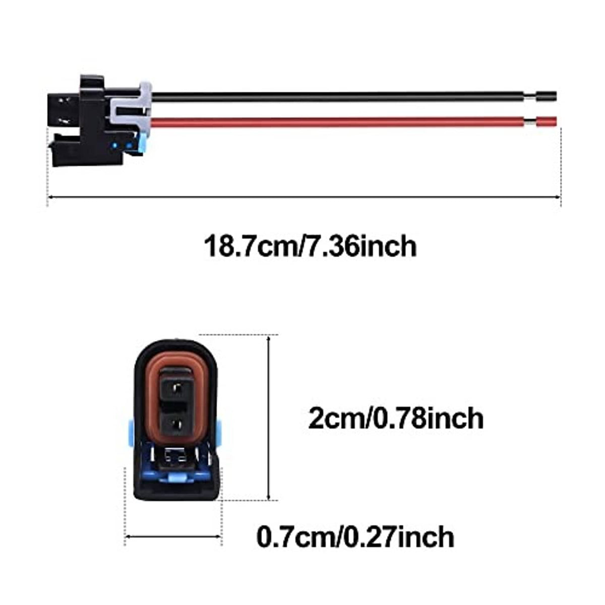 Fuel injector connector pigtail with orange seal and two-tone red and black wire leads