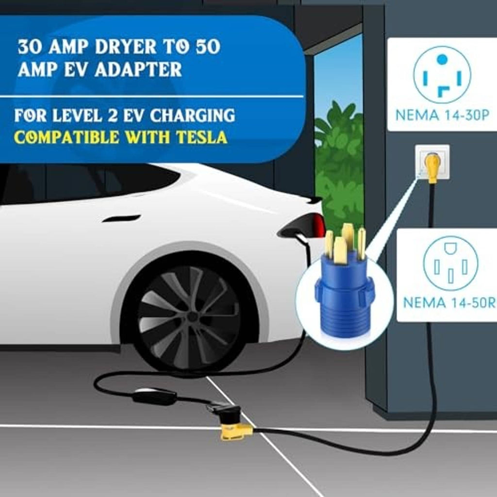 Blue dryer-to-EV adapter plug connected to a car charging cable, side view