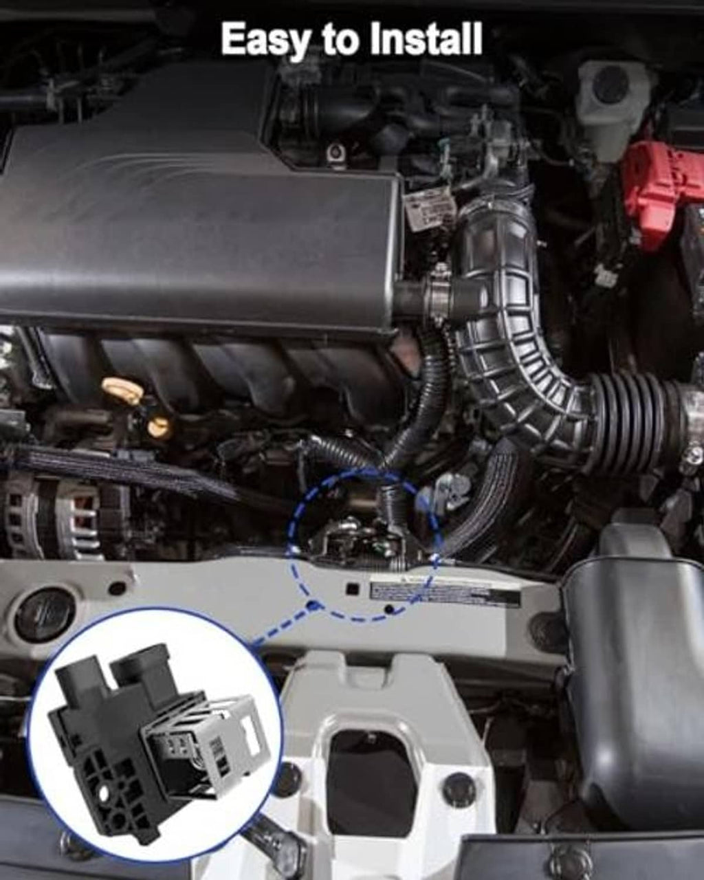 Black engine cooling fan relay connector installed in engine compartment, close-up