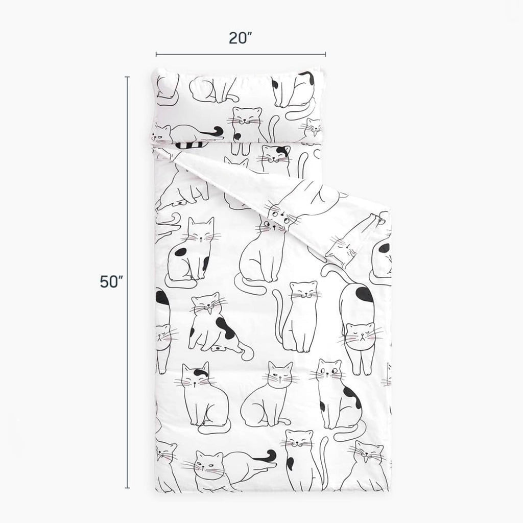 Toddler nap mat, black-and-white cat pattern, rectangular with attached pillow cover