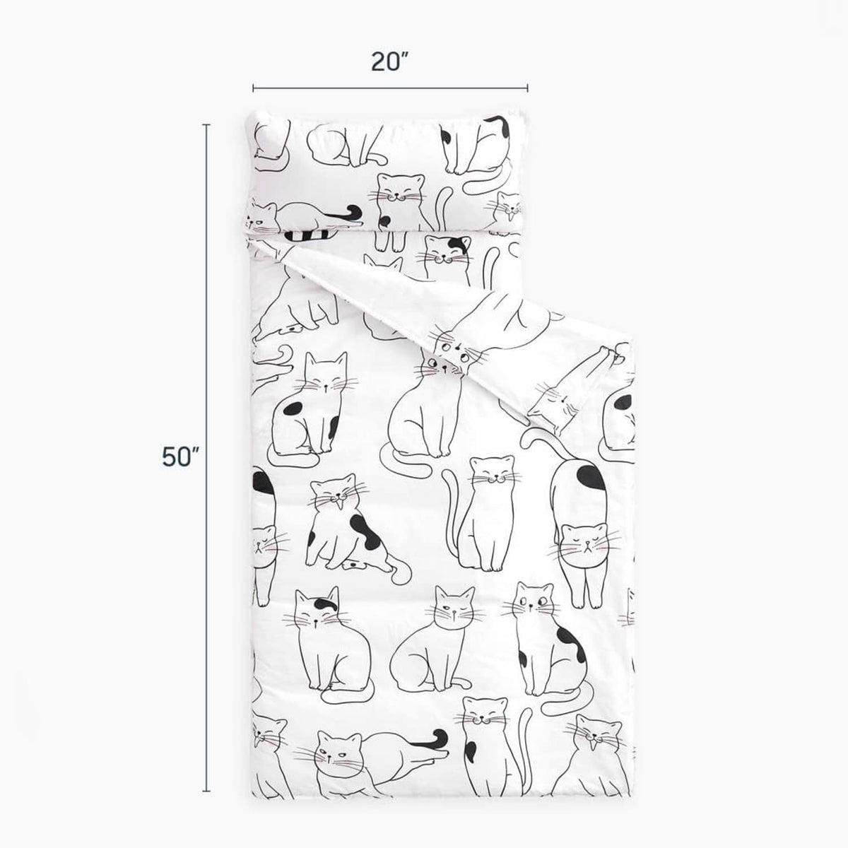 Toddler nap mat, black-and-white cat pattern, rectangular with attached pillow cover