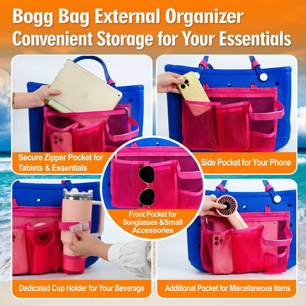 Mesh organizer insert with front, side, and zipper pockets plus cup holder