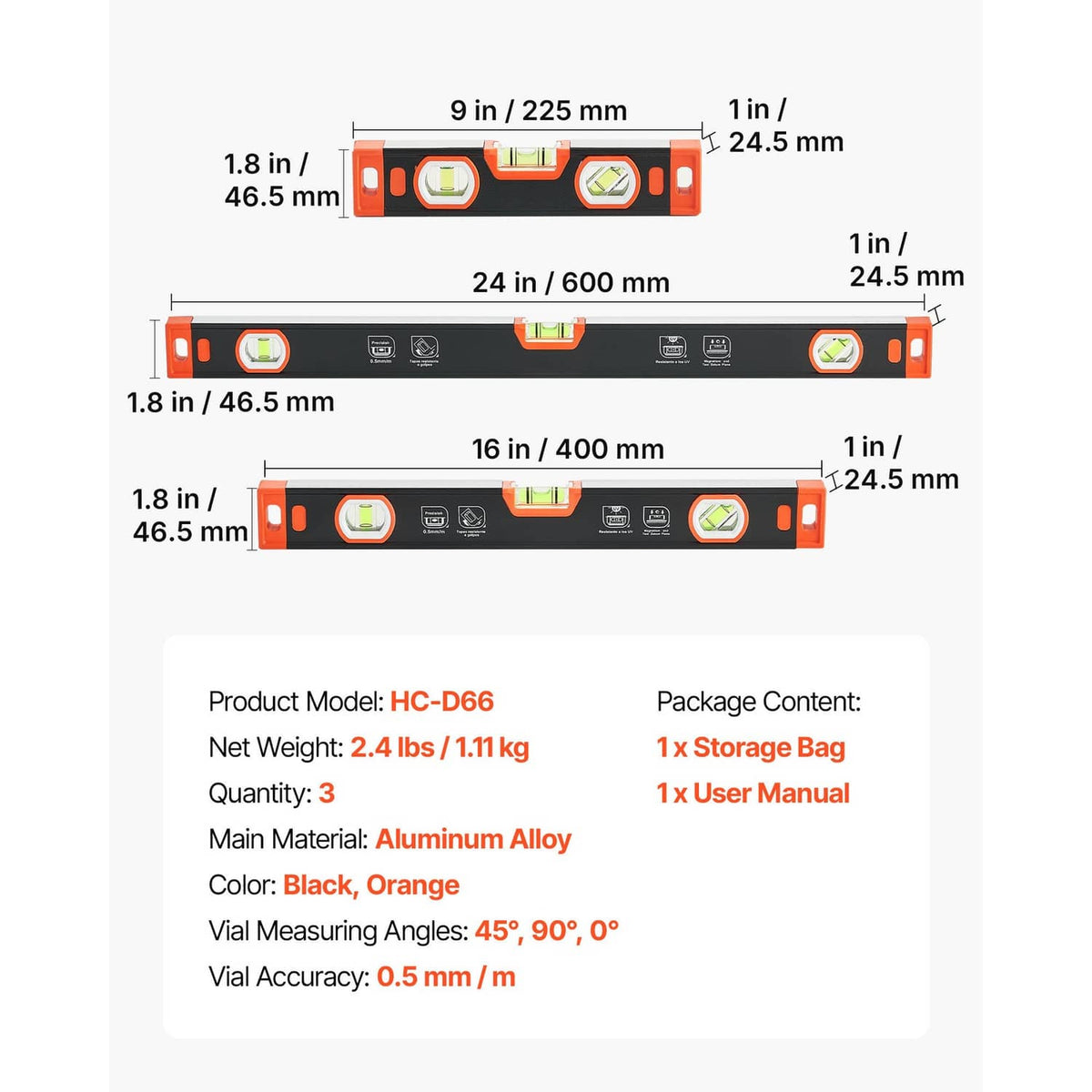 Three black and orange torpedo levels laid out with length scale markings