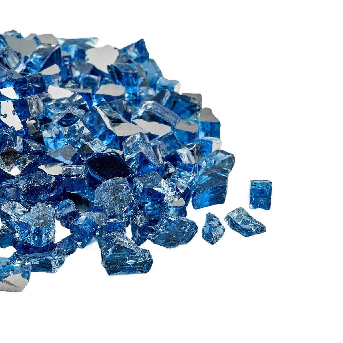 Close-up of Pacific blue crushed glass fire pit rocks with small chip fragments.