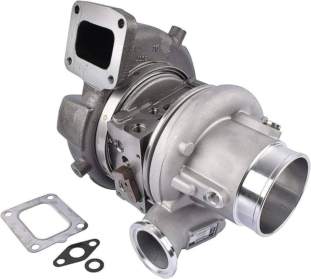 Turbocharger with compressor housing and exhaust flange, including gasket and seal parts