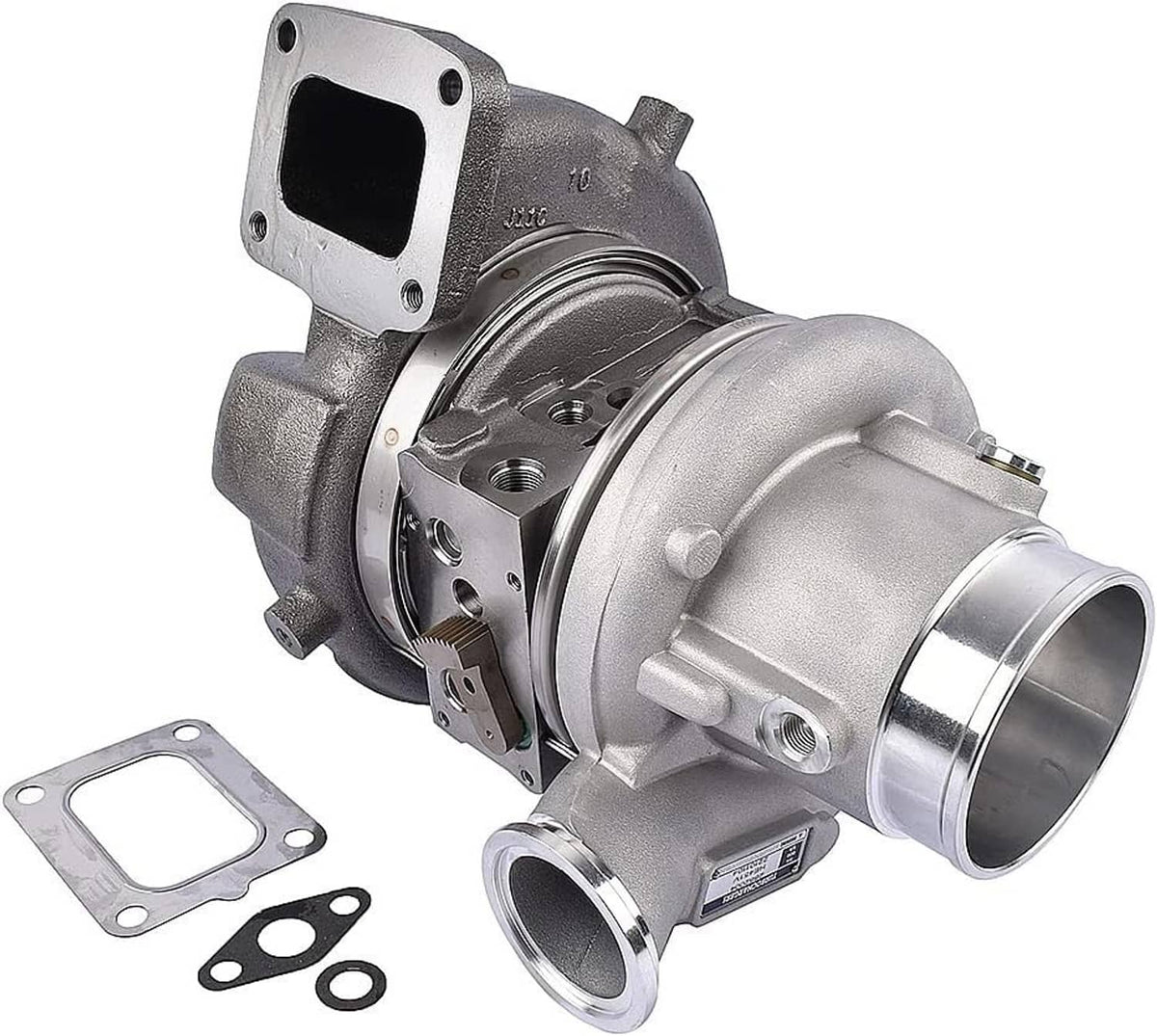 Turbocharger with compressor housing and exhaust flange, including gasket and seal parts