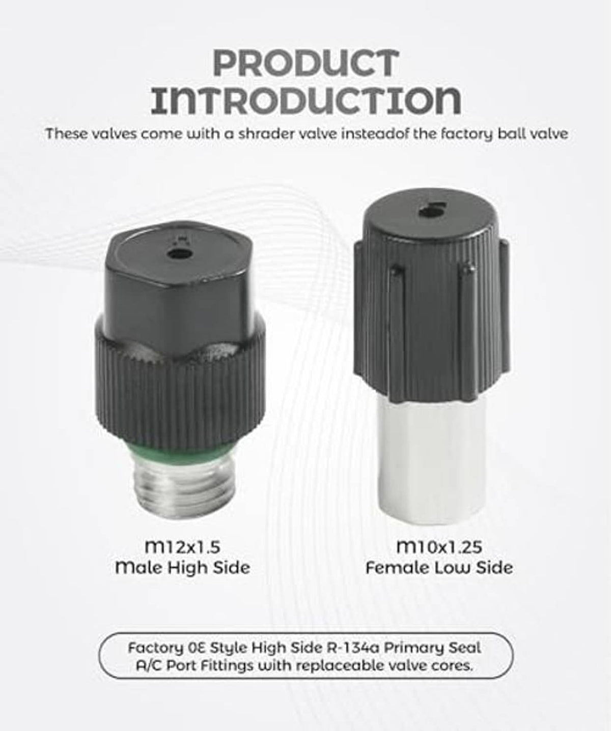 AC Schrader valve kit showing male and female threaded valve stems with black caps