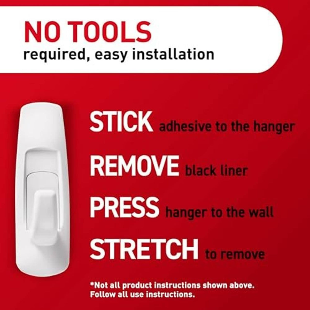 Command wall hook installation: stick adhesive, press to mount, stretch to remove