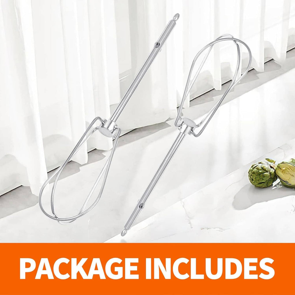Two stainless steel hand mixer beaters with wire loops and long shafts