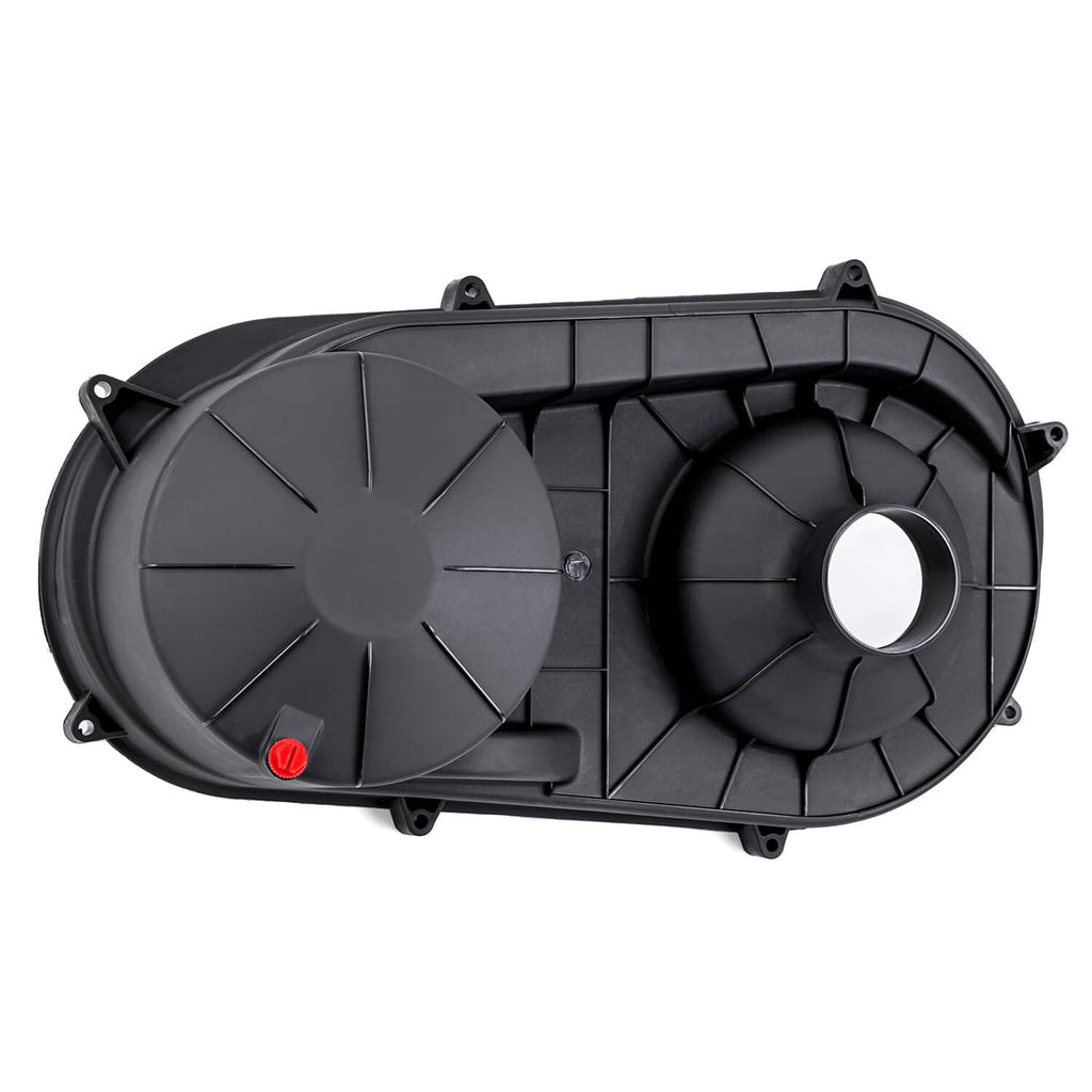Outer clutch belt cover, black housing with large circular cover and hole