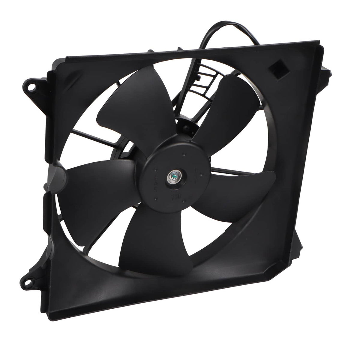 Radiator cooling fan assembly with black blades and fan motor in vented square housing