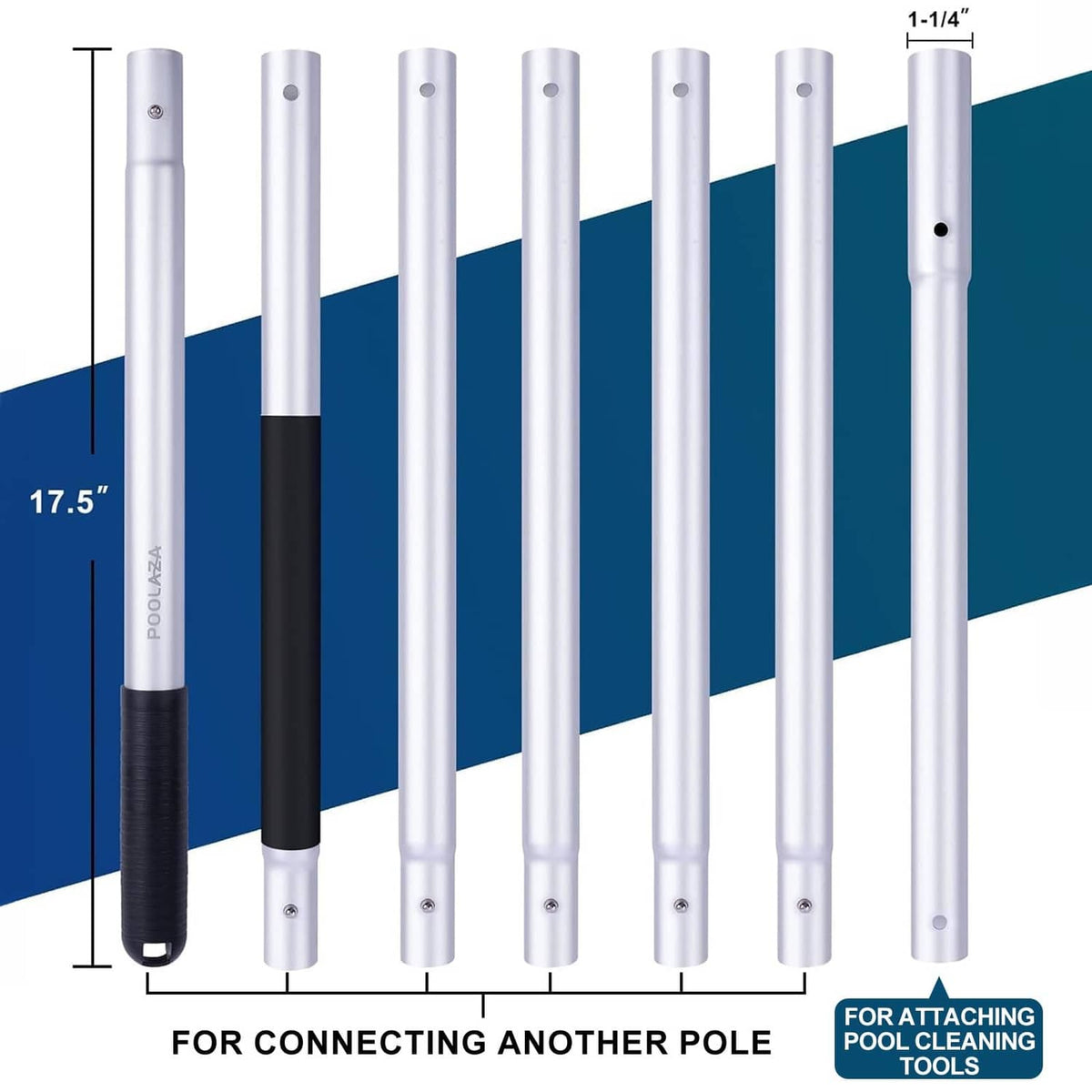 Telescopic aluminum pool pole segments with black grip and connecting holes
