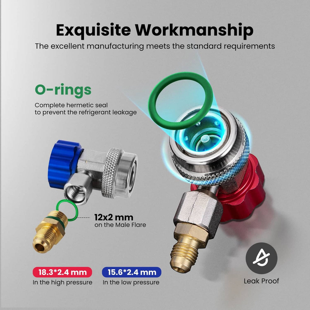 Refrigerant coupler adapter with green O-ring seal and male flare brass fitting