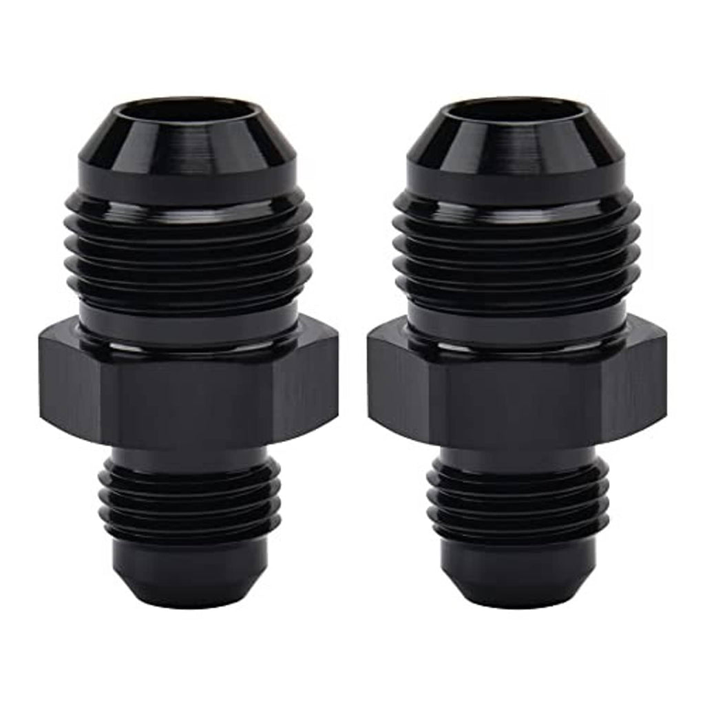 Pair of black AN flare reducer couplers with male threaded fittings