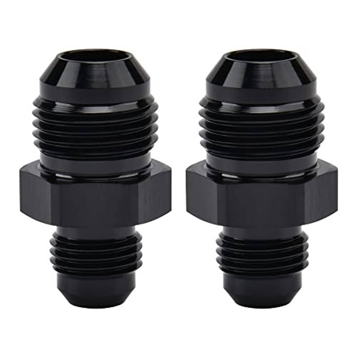 Pair of black AN flare reducer couplers with male threaded fittings