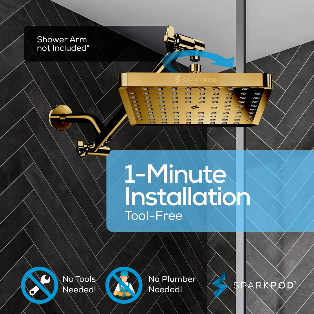 Gold square rain shower head with brass arm mount and ceiling installation