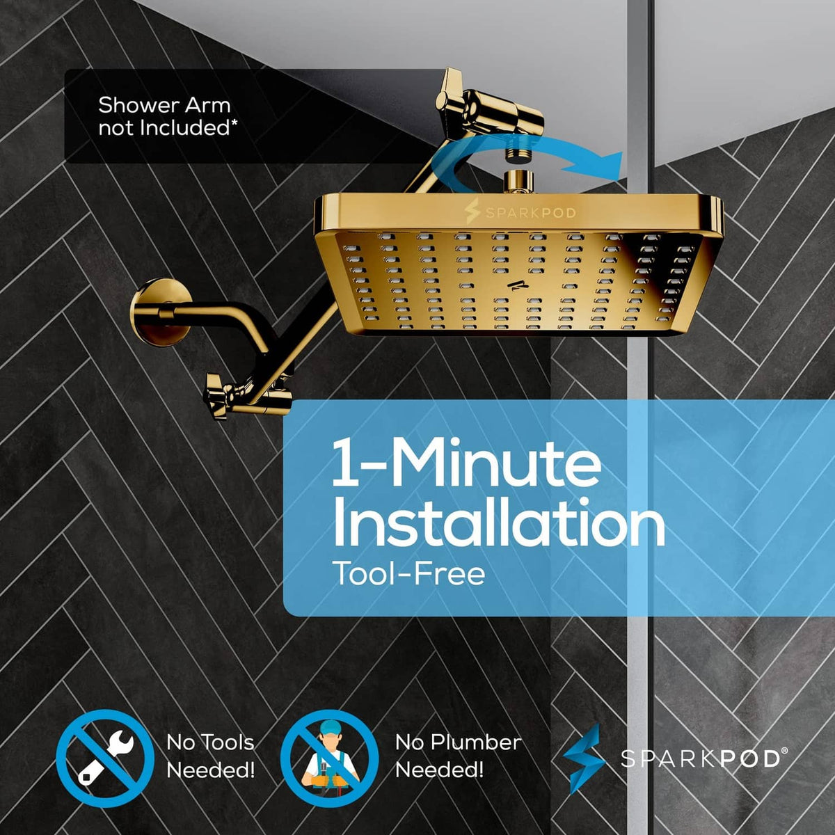 Gold square rain shower head with brass arm mount and ceiling installation