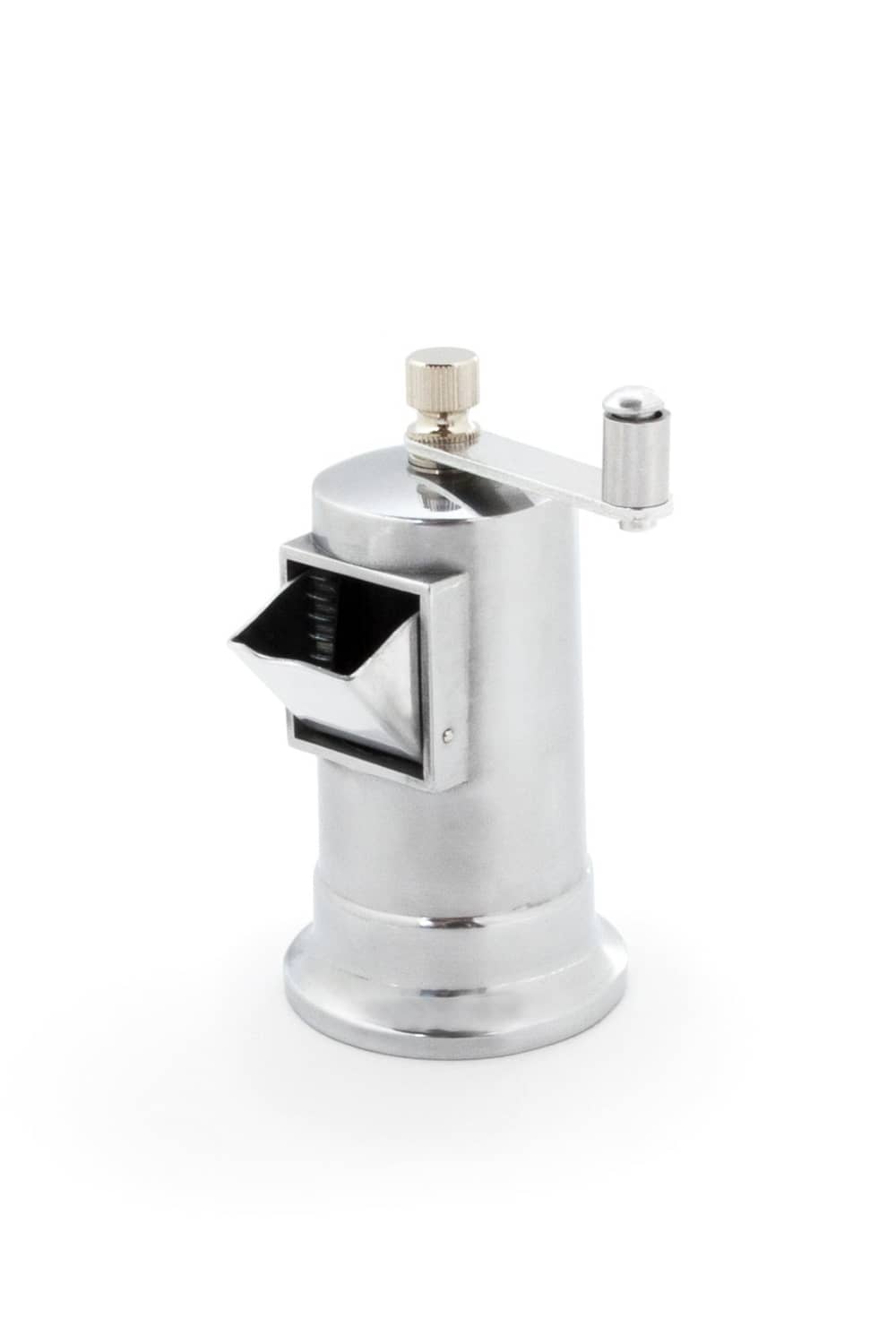 Manual stainless steel salt and pepper mill with crank handle and black chute