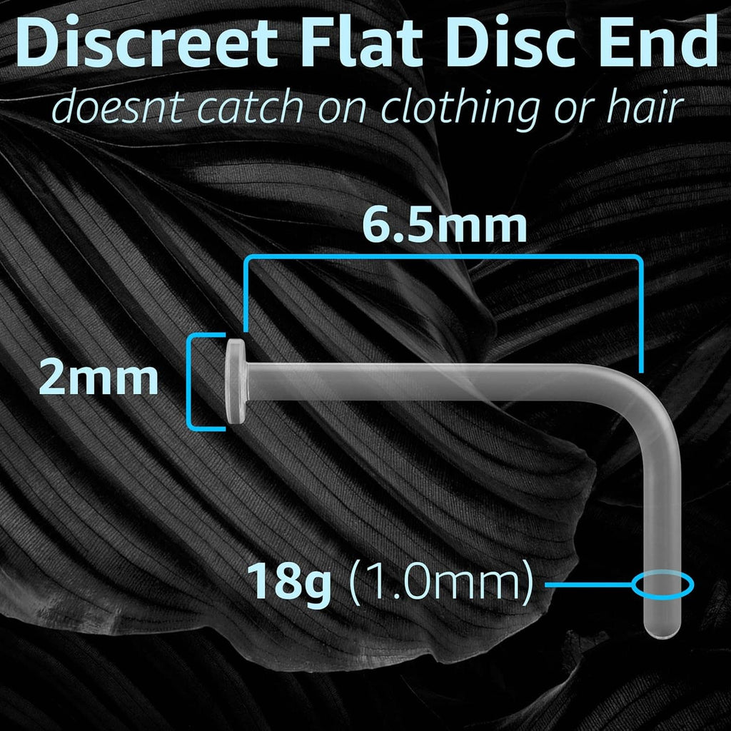 Clear L-shaped nose stud retainer with flat disc end and smooth transparent bar