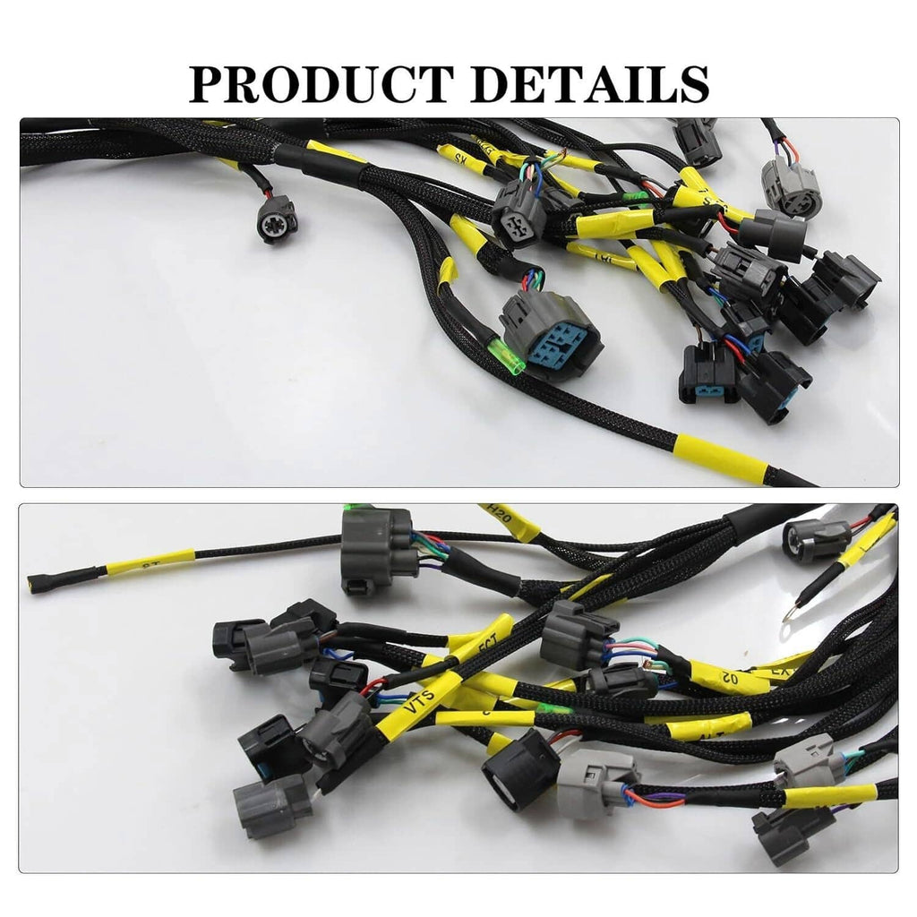 Engine wire harness with yellow-labeled leads and multiple black connector housings