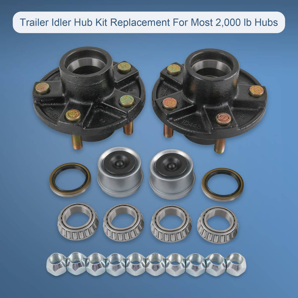 Set of two black trailer idler hub kits with flanges, bearings, seals, and wheel nuts
