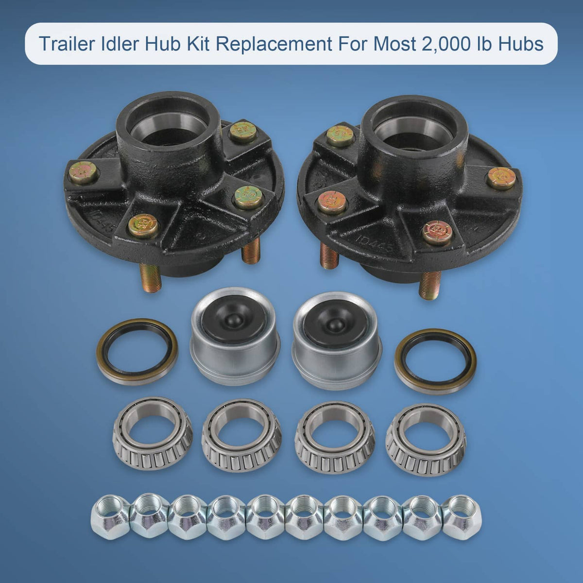 Set of two black trailer idler hub kits with flanges, bearings, seals, and wheel nuts
