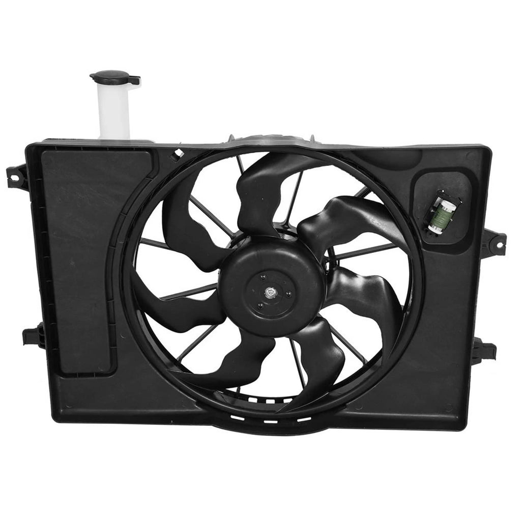 Radiator cooling fan assembly with black fan and white reservoir, side mount view