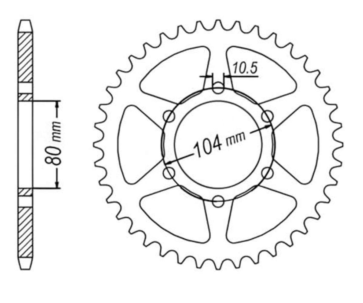 Motorcycle drive sprocket diagram with bolt circle and 104 mm outer diameter