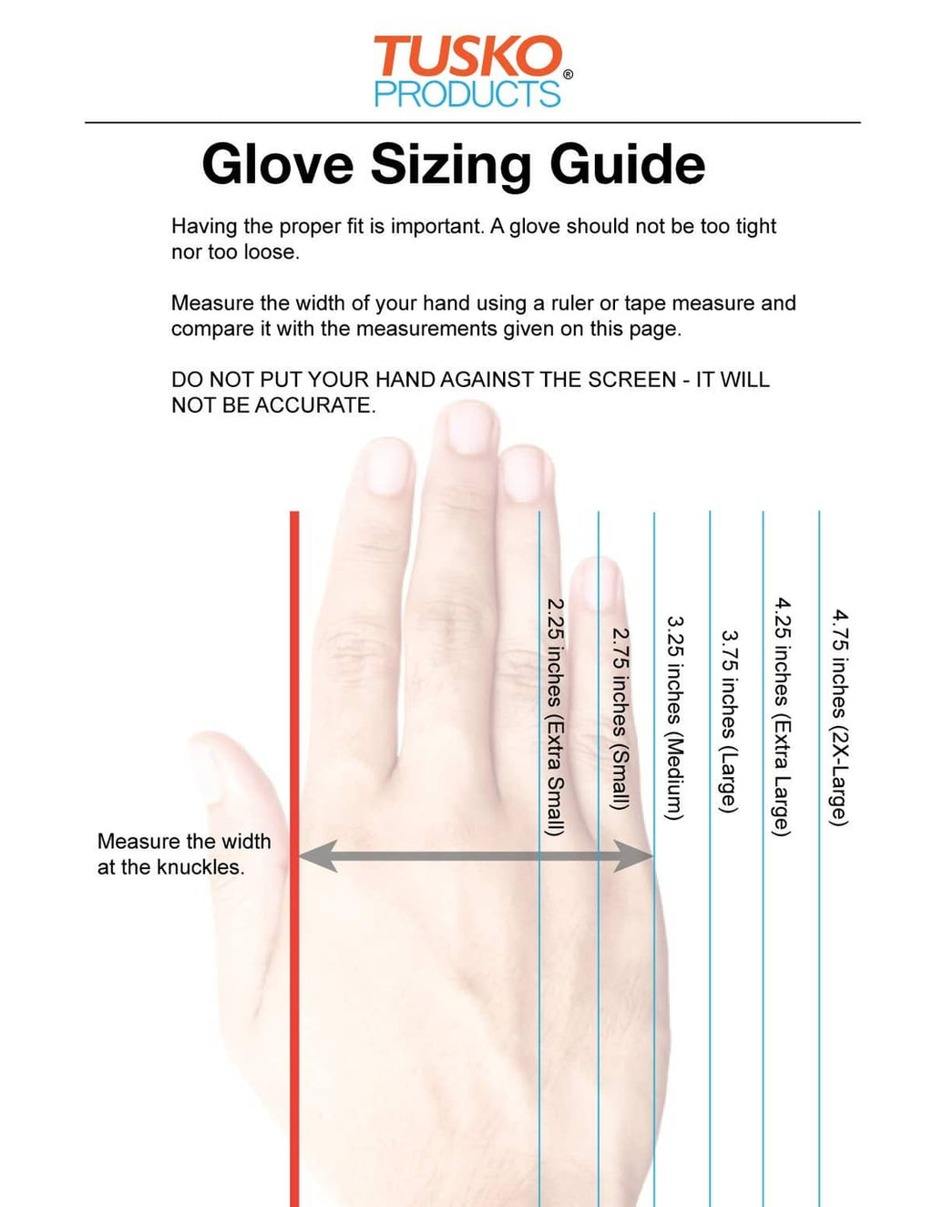 TUSKO Products glove sizing guide chart for selecting nitrile glove fit