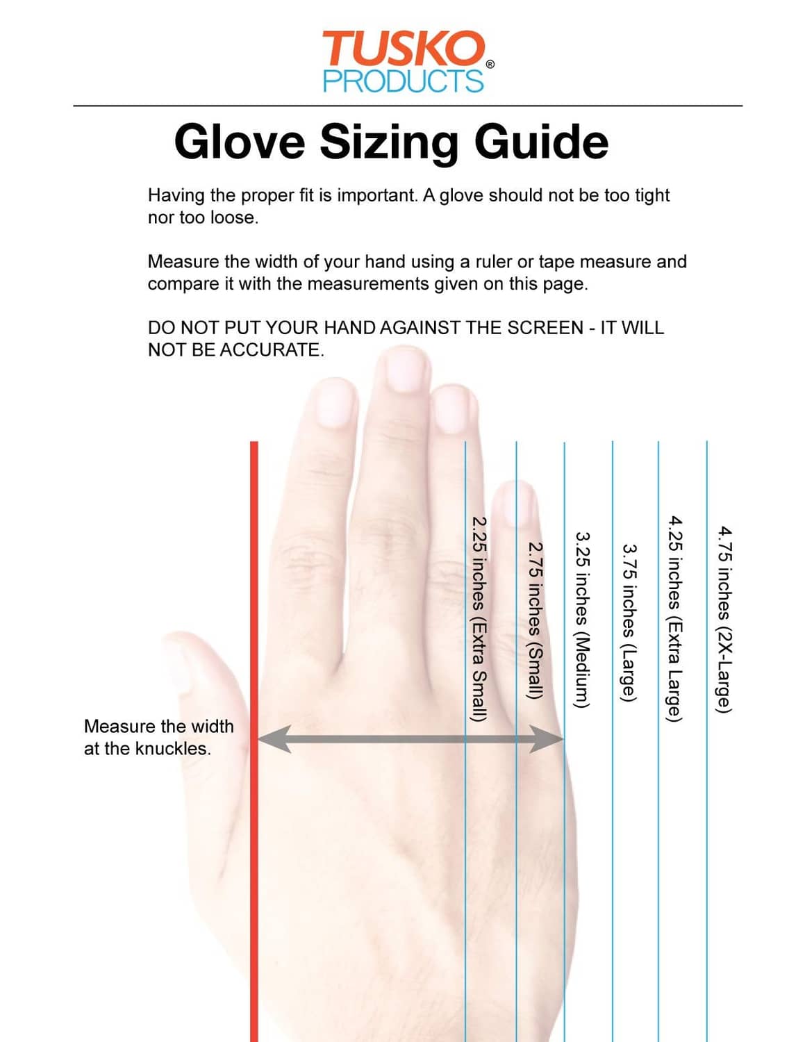 TUSKO Products glove sizing guide chart for selecting nitrile glove fit
